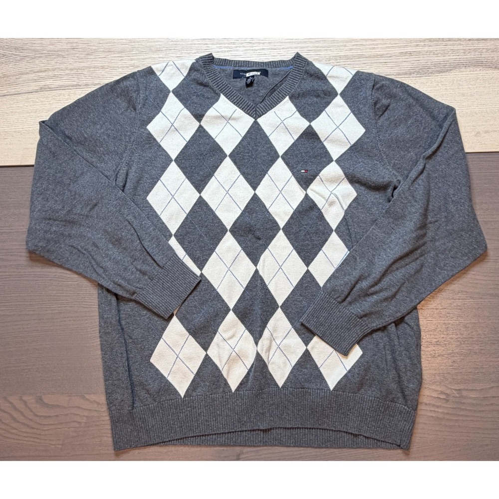 TOMMY HILFIGER Sweater‎ Men XL V Neck Argyle Gray & White Cotton